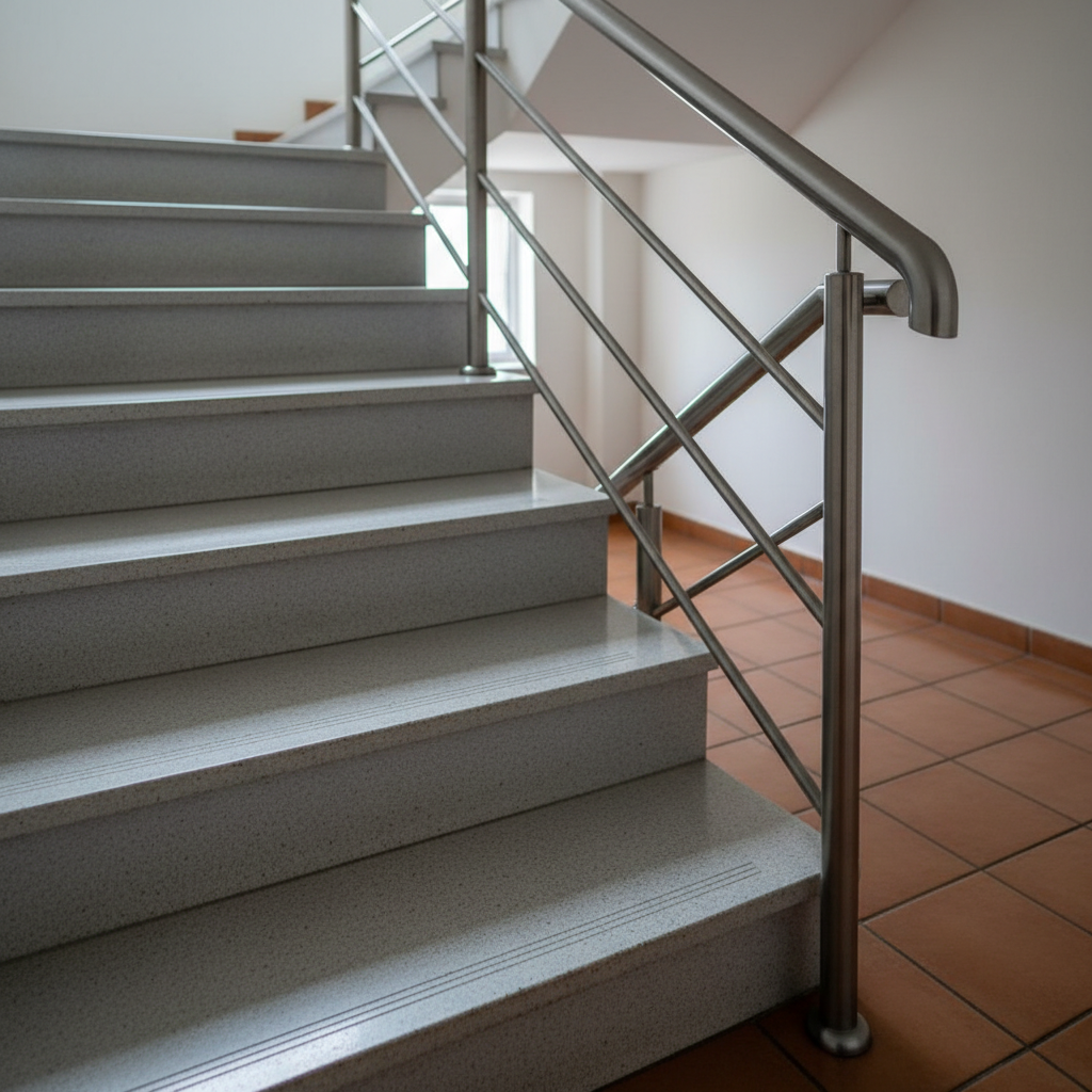 A close-up, photographic-realistic view of a freshly sanitized condominium stairwell landing: smooth stone steps with a subtle speckled texture, flawlessly cleaned metal handrails with a soft satin finish, and a neatly mopped terracotta-tiled landing. Diffused daylight enters from a small stairwell window, creating soft, natural reflections on the handrail and faint shadows on each step. Shot from a slightly low angle along the rail, using shallow depth of field to keep the foreground crisp while the upper flights gently blur. The aesthetic is clean and modern, suggesting meticulous, regular maintenance by a professional facility management company.