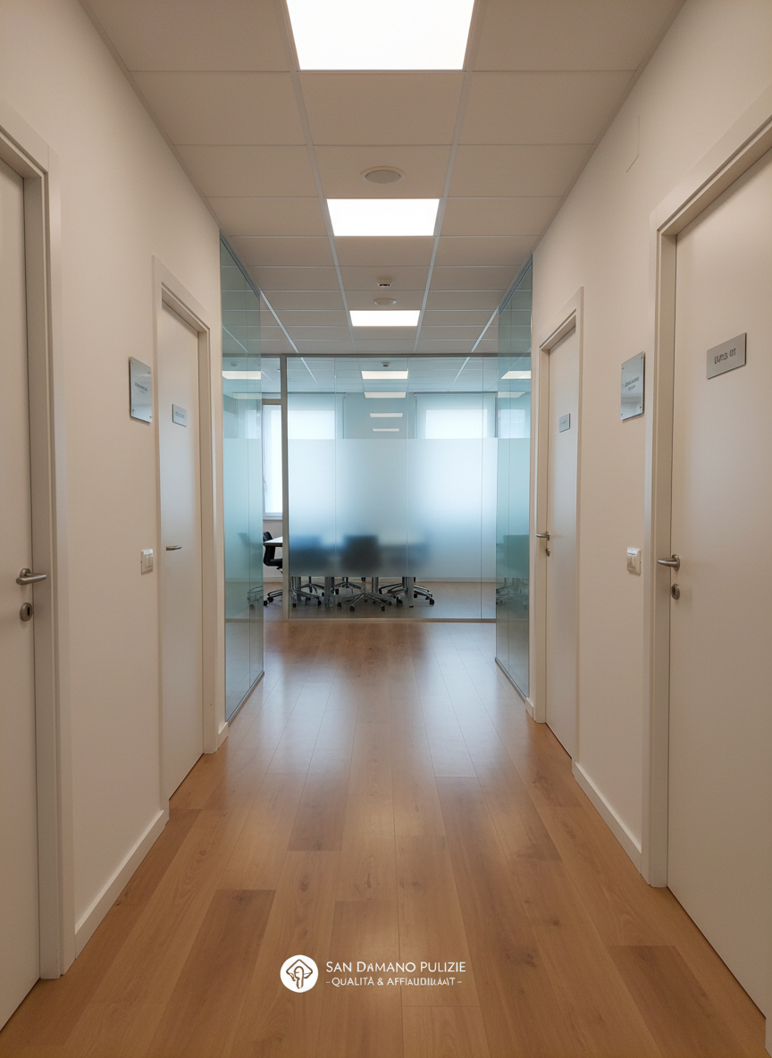 A bright, well-organized office corridor in San Damiano d’Asti, with polished light-oak laminate flooring shining after a fresh cleaning. White doors with discreet silver plaques line the hallway, and a series of frosted-glass partitions lead to quiet meeting rooms. Overhead, recessed LED lights cast an even, neutral glow, emphasizing the immaculate, dust-free surfaces and spotless baseboards. Photographic realism from a slightly elevated angle, with linear perspective drawing the eye down the corridor. The mood is efficient, professional, and calm, conveying reliability and precision in office cleaning for local businesses and professionals.
