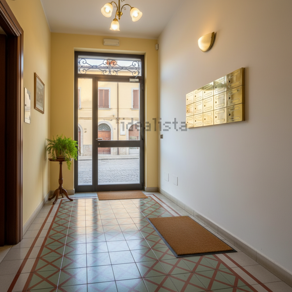 A small condominium entrance lobby in a traditional Italian building in San Damiano d’Asti, captured in photographic realism. The floor features carefully cleaned, patterned ceramic tiles, their colors subtly muted but gleaming under warm ceiling lights. A glass front door reveals a quiet street outside, while inside, a neatly arranged row of doorbells and nameplates sits beside a spotless wall with no scuff marks. A sanitized doormat lies perfectly aligned at the entrance. Shot at eye level with balanced composition, the atmosphere feels welcoming, orderly, and secure, reflecting dependable civil cleaning tailored to local condominiums.