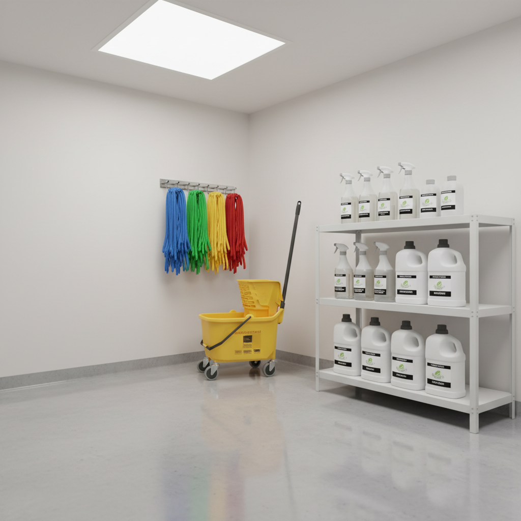 A minimalist, photographic-realistic cleaning supply storage corner in a professional facility management setting. On a clean, light-gray epoxy floor stands a bright yellow, commercial-grade mop bucket with neatly arranged, color-coded microfiber mops hanging above it on a wall-mounted rack. Nearby, labeled spray bottles and closed containers of eco-friendly cleaning products are lined up on a white metal shelf, all perfectly organized. Soft, diffused overhead lighting illuminates the area evenly, creating faint, precise shadows and highlighting the sense of order and hygiene. Captured from a slightly elevated angle with sharp focus, the mood is efficient, methodical, and highly professional, emphasizing structured cleaning processes.