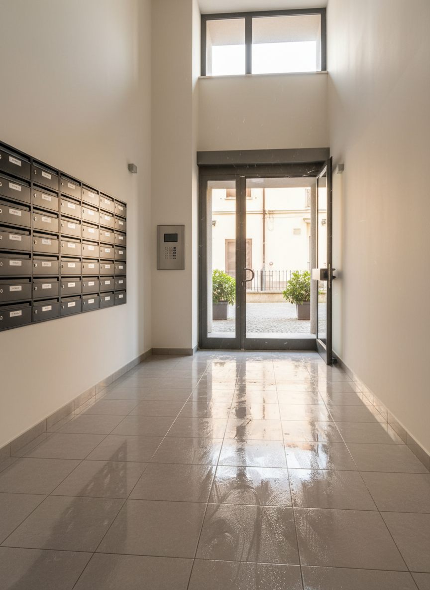 A spotless, modern condominium entrance hall with gleaming light-gray ceramic floor tiles, recently washed and reflecting soft highlights. The walls are painted in a clean, warm white with dark metal mailboxes aligned in perfect order along one side and a neatly labeled intercom panel near a glass door. Natural daylight filters through the large entrance windows, creating gentle, elongated shadows across the floor. Photographic realism at eye level, with a wide-angle composition that keeps every surface in sharp focus. The atmosphere is orderly, professional, and reassuringly hygienic, emphasizing high-quality civil cleaning services for residential buildings in a small Italian town.