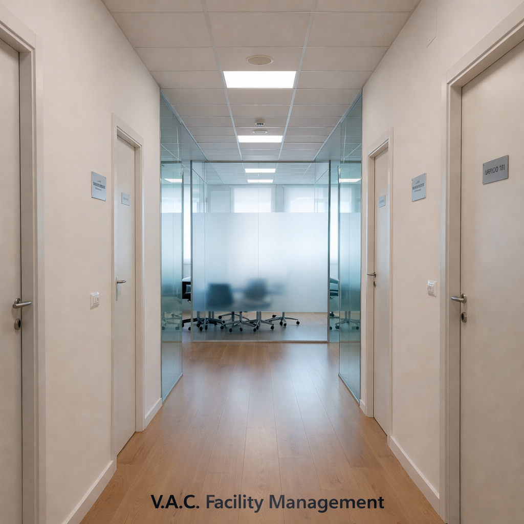 pulizie A bright, well-organized office corridor in San Damiano d’Asti, with polished light-oak laminate flooring shining after a fresh cleaning. White doors with discreet silver plaques line the hallway, and a series of frosted-glass partitions lead to quiet meeting rooms. Overhead, recessed LED lights cast an even, neutral glow, emphasizing the immaculate, dust-free surfaces and spotless baseboards. Photographic realism from a slightly elevated angle, with linear perspective drawing the eye down the corridor. The mood is efficient, professional, and calm, conveying reliability and precision in office cleaning for local businesses and professionals.